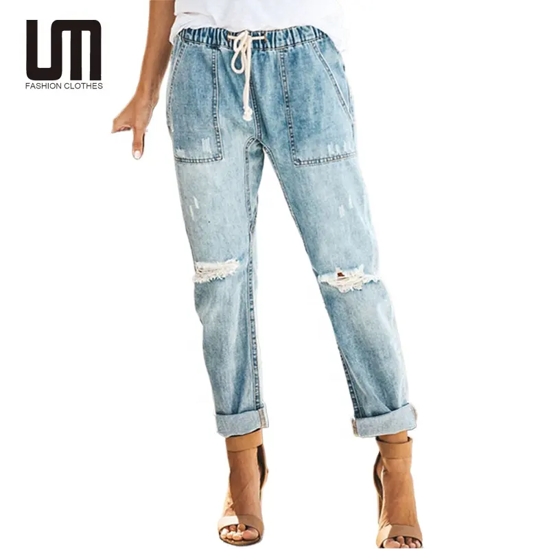 Liu Ming Hot Sale Fashion Vrouw Casual Hoge Taille Baggy Broek Plus Size Denim Gescheurde Jeans