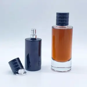 卸売50ml100mlシリンダー透明色カスタムダークブルー高級空ガラス香水瓶シルバーラウンドリッド付き