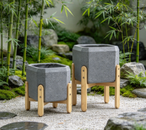 <b>Square</b> Tripod Plant Pot Set of 2, Grey Textured Flower <b>Planter</b> with <b>Wooden</b> Legs, Indoor Outdoor Decorative Plant Container - Product Image 4