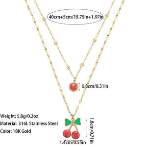 可爱樱桃吊坠项链时尚不锈钢双层链批发N2011162 - Product Image 3