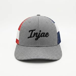 Wholesale Custom Logo Embroidery Trucker Hat Gray Mesh Back 6 Panel Mid Profile Cap American <b>Flag</b> High Quality Baseball Cap - Product Image 1