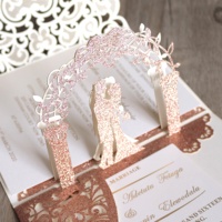 Rustique Premium Laser Rose Paillettes RSVP Cartes D'invitation De Poche De Mariage Estampage À Chaud Feuille Texte Anime Musique Style De Luxe Souvenir