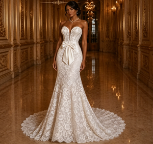 Robe de mariée sirène sexy S2253Y avec appliques en dentelle et dos illusion, coupe trompette, pour femmes rondes, nouvelle collection 2026 - Product Image 1