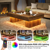 Table basse rustique en bois grainé marron avec éclairage d'ambiance LED intégré et poche de rangement centrale, mobilier de salon