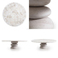 Table basse moderne en marbre travertin naturel, dalle épaisse, écologique, base triple empilée en galets, pour salon, hôtel, salle à manger