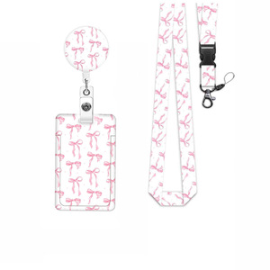 Cross-border pink bow card holder polyester lanyard set retractable badge scroll easy-pull women's gift - Product Image 1