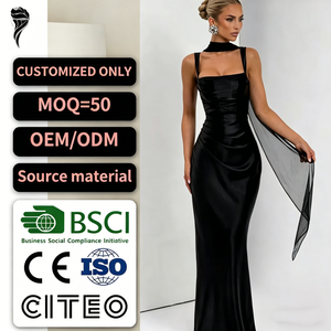 Robe longue élégante en satin pour femme, col ras du cou, sans manches, ajustée, ourlet droit, pour occasions formelles, avec superposition transparente - Product Image 1