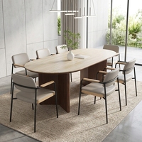 Table de Salle à Manger Ovale en Noyer Moderne avec Plateau en Travertin et Pieds en Bois Massif, Ensemble de 8 Chaises pour Restaurant ou Maison