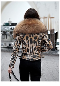 Top corto grueso y cálido con estampado de leopardo, <span class=keywords><strong>chaqueta</strong></span> de bombardero de piel de oveja genuina con cuello de mapache peludo <span class=keywords><strong>grande</strong></span> y esponjoso - Product Image 2