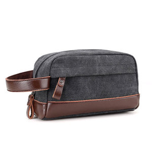Wholesale Vintage Wristlet <strong>Clutch</strong> <strong>Waxed</strong> Canvas Men Travel Toiletry Bag With Leather Strap - Product Image 1