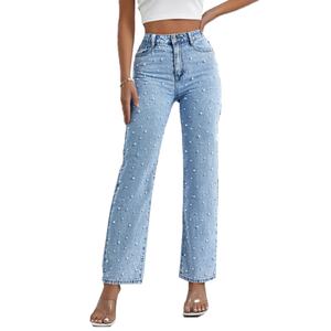 Jeans en denim personnalisés pour femmes, coupe droite, taille haute, extensibles, évasés, style bootcut, avec perles, vente en gros - Product Image 3