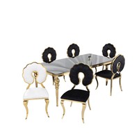 Ensemble de 7 chaises d'hôtel modernes en acier inoxydable doré, table à manger rectangulaire, chaises pour mariage, banquet, événement, villa, extérieur