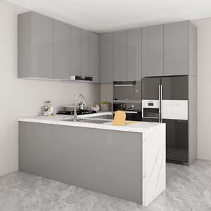 Gabinetes de Cocina Modulares Modernos en Gris Brillante con Tablero de Melamina, Isla de Granito Artificial, Electrodomésticos Integrados y Fregadero - Product Image 1