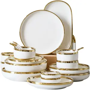 Nordic Style Gold Inlay Helderwit Diner Sets Keramische Schaal Borden Set Porselein Serviesgoed Voor Huishoudelijke Hotel