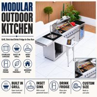 Îlot de cuisine extérieur personnalisable avec barbecue intégré, évier en acier inoxydable et réfrigérateur à boissons pour les rassemblements sur la terrasse de villas modernes