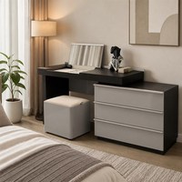 Ensemble de coiffeuse modulaire avec armoire latérale, miroir dissimulé, coiffeuse grise brillante avec tiroirs pour la décoration de la chambre à coucher