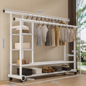 Porte-vêtements multifonctionnel en métal à double tringle, étagères de rangement épaisses, séchoir vertical sur pied pour balcon - Product Image 5
