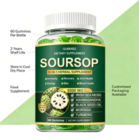 Gummies au corossol, mousse d'Irlande, ashwagandha et curcuma pour le soutien immunitaire et la gestion de l'énergie, végétaliennes, faibles en sucre, supplément à base de plantes, 60 unités, OEM