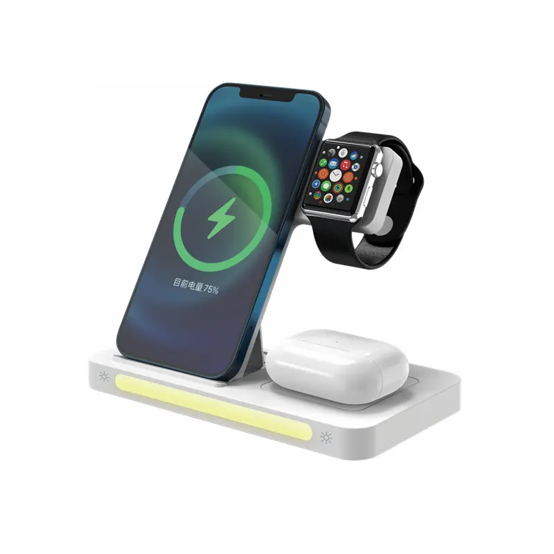 Trending 4 in 1 multi-function Factory Wholesale promo Foldable LED Night Light Watch Mobile Phone Holder gifts Wireless Charger