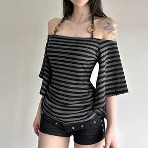 Camiseta de verano a rayas vintage para mujer, con hombros descubiertos, cuello halter con anillo, manga murciélago, media manga, top informal de ajuste holgado Y2K - Product Image 4