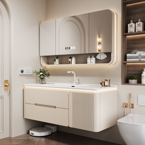 Nuevo gabinete de baño inteligente de madera de caucho con lavabo integrado de cerámica para lavarse las manos - Product Image 3