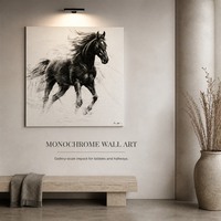 Décoration murale, peinture à l'huile de cheval au galop 100% peinte à la main, esquisse en noir et blanc sur toile, décoration intérieure pour galerie à domicile