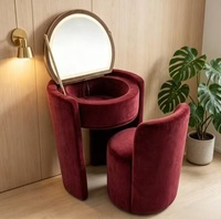 Coiffeuse moderne en tissu velours rembourré avec cadre en bois de pin et panneau mélaminé, miroir LED 3 couleurs pour chambre à coucher