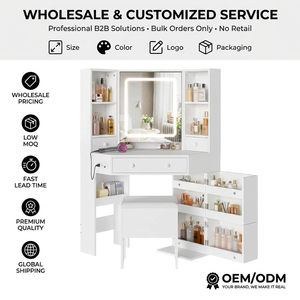 OEM Custom Supplier <strong>Corner</strong> Vanity Desk <strong>Makeup</strong> <strong>Table</strong> with Mirror LED Light Charging Station Storage Stool Drawers - Product Image 1