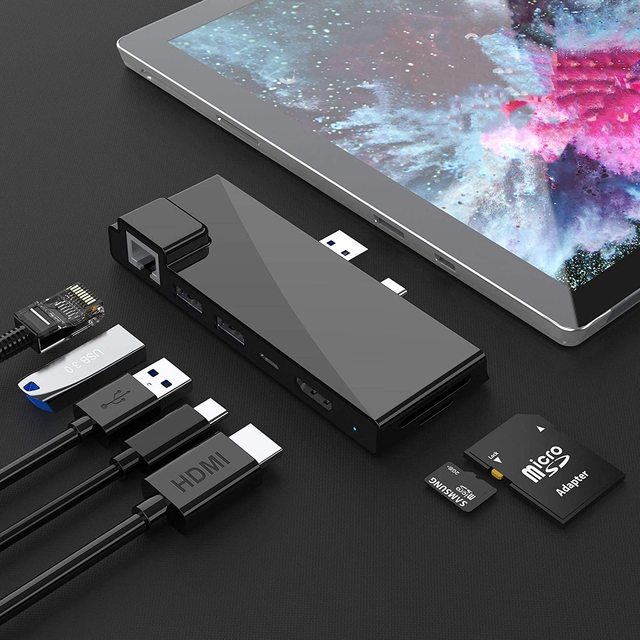 Mini Docking Station for Surface Pro 7 Gigabit Ethernet RJ45 Port 2 USB 3.0 4K HDMI USB Type-C Hub Meory Card Reader