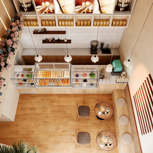 Airy Wood-Toned Coffee & Bakery Featuring Glass Displays, Tiered Dessert Racks, Integrated Lighting, and Simple Pendant Lamps - Product Image 1