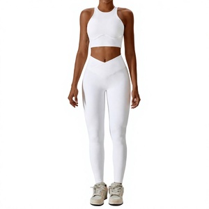 Women Yoga Set Ribbed High Waist Flared <b>Leggings</b> Spaghetti Strap <b>Crop</b> Top Solid Green Activewear 2 Piece Seamless Breathable - Product Image 6