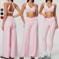 Ensemble de sport pour femme couleur unie : Soutien-gorge de sport dos évidé, Legging de yoga taille haute à coupe croisée en V et Pantalon large pour l'entraînement et le fitness