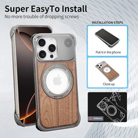 Étui pour iPhone en aluminium magnétique sans cadre avec dos en bois véritable, support rotatif à 360° pour iPhone 16 15 14 Pro Max / Pro