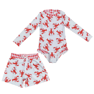 Maillot de bain une pièce pour filles avec imprimé écrevisse mignon, maillot de bain assorti pour garçons, short de bain, vêtements de plage d'été pour enfants, vente en gros - Product Image 1