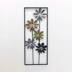 Nordic Style Rectangular <b>Frame</b> Metal Flower Wall Art Panel | Gold <b>Grey</b> & Black Leaf Floral Wall Hanging Sculpture - Product Image 1