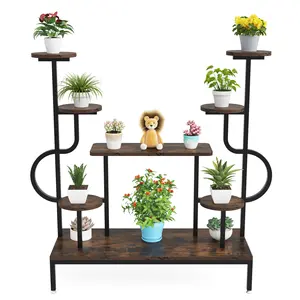 Tribesigns Indoor Decoration Wood Potted Ladder Holder Shelves Metal Shelf Iron Flower Rack Plant Pots Stand for Garden