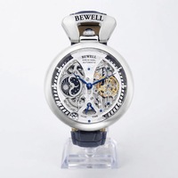 Herren Luxus Automatische Mechanische Uhr Skelett Dual-Zeit Mondphase Wasserdicht Echtes Leder Business Dress Armbanduhr