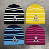 Bonnet tricoté réfléchissant brodé à rayures, vente en gros, bonnet d'hiver chaud avec logo personnalisé