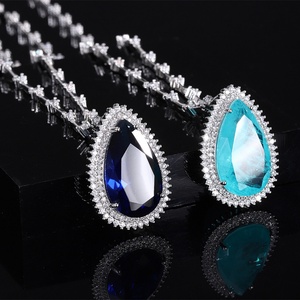 High Quality Eco-friendly <b>Copper</b> Shiny Wedding Jewelry 15*25mm Paraiba Blue Zircon Water Drop Bridal Trendy Gem Pendant Necklace - Product Image 2