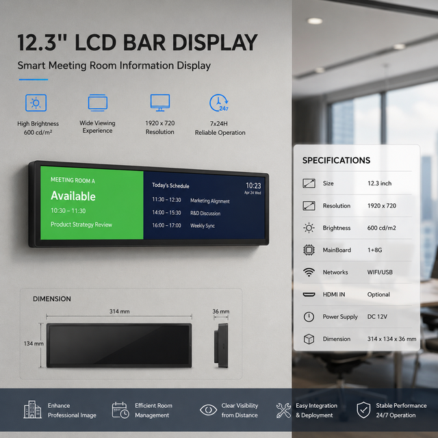 Smart 12.3 Inch 600cd/m² Ultra Wide LCD Bar Display Digital Advertising Player WiFi Screen for Elevator Promotion