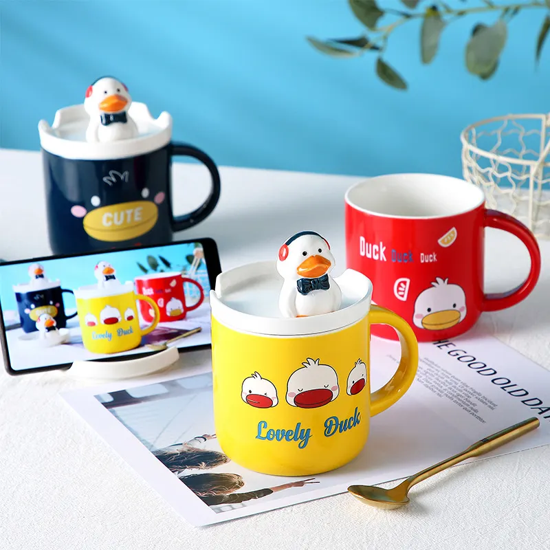 Sáng Tạo Dễ Thương Phim Hoạt Hình Vịt Mug Chất Lượng Cao Mug Gốm Có Nắp Như Điện Thoại Di Động Hỗ Trợ