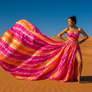 Robe longue en mousseline de soie rayée multicolore, sans bretelles, décolleté en cœur, longueur au sol, pour femmes - Product Image 1