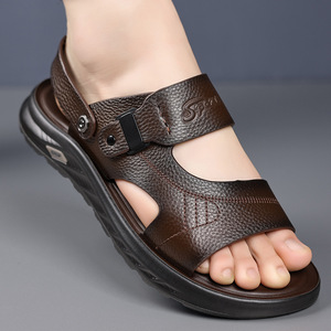 Genuine Leather Men's Flat Sandals Open Toe Rubber Outsole Breathable Casual <b>Beach</b> <b>Shoes</b> - Product Image 1