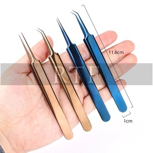 Juego de pinzas profesionales para extensión de pestañas doradas y azules de acero inoxidable, puntas de fibra de volumen fino para extensión de pestañas - Product Image 2