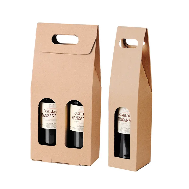 מודפס מותאם אישית 3 בקבוקים מנשאי בקבוקי נייר קראפט משלוח קרטון קופסת יין עם חלון