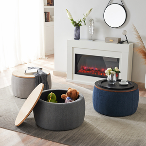 Round Storage Ottoman Navy 25.5x25.5x14.5 Inches With Wooden Lid Multi Functional Coffee <b>Table</b> And Seat - Product Image 6