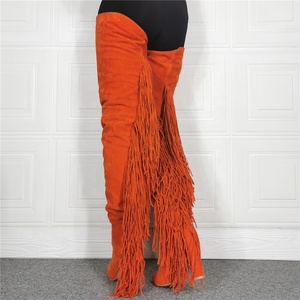 Bottes longues uniques à pompons orange vif pour femmes, avec franges longues et talons épais, adaptées aux grandes pointures, bottes au-dessus du genou, personnalisables - Product Image 6