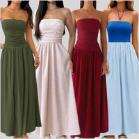 Robe longue sans bretelles pour femmes avec taille plissée, imprimés floraux et rayés, élégante robe de plage d'été pour les vacances