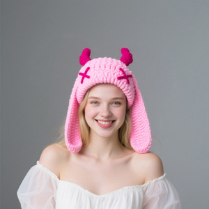 Cappuccio di corno del diavolo carino puro fatto a mano grandi orecchie di coniglio caldo cappello lavorato a maglia per un inverno fresco e neutro - Product Image 6