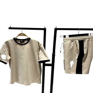 Men's Black T-Shirt Terry Jogger Set Crew Neck Short Sleeve Solid Color Casual Summer Eco-Friendly White Trim Drawstring Waist - Product Image 1